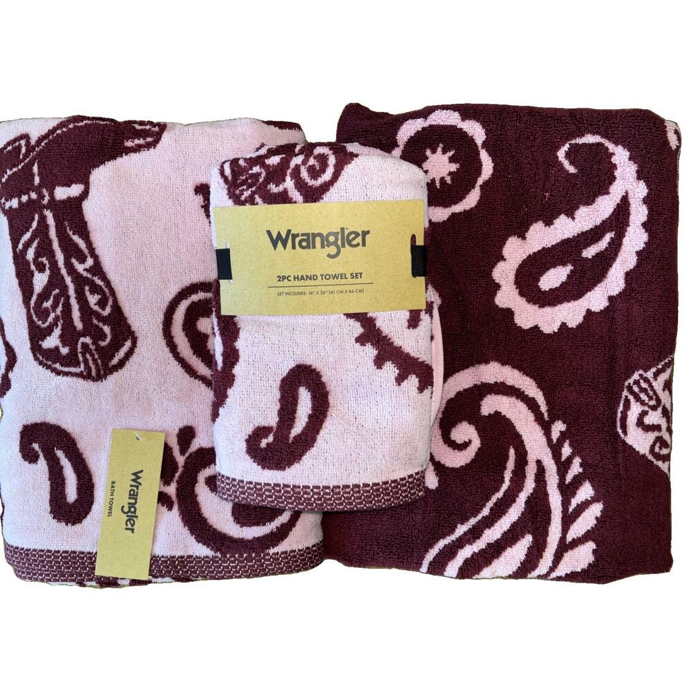 Wrangler Cowboy Boot Paisley Pink Maroon 2 Bath & 2 Hand Towel Set Rodeo Rhythm